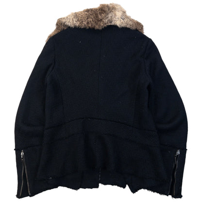 Vintage 2005 Cavalli Rabbit Fur Collar Asymmetrical Wool Jacket Womens Size L | Large, Black