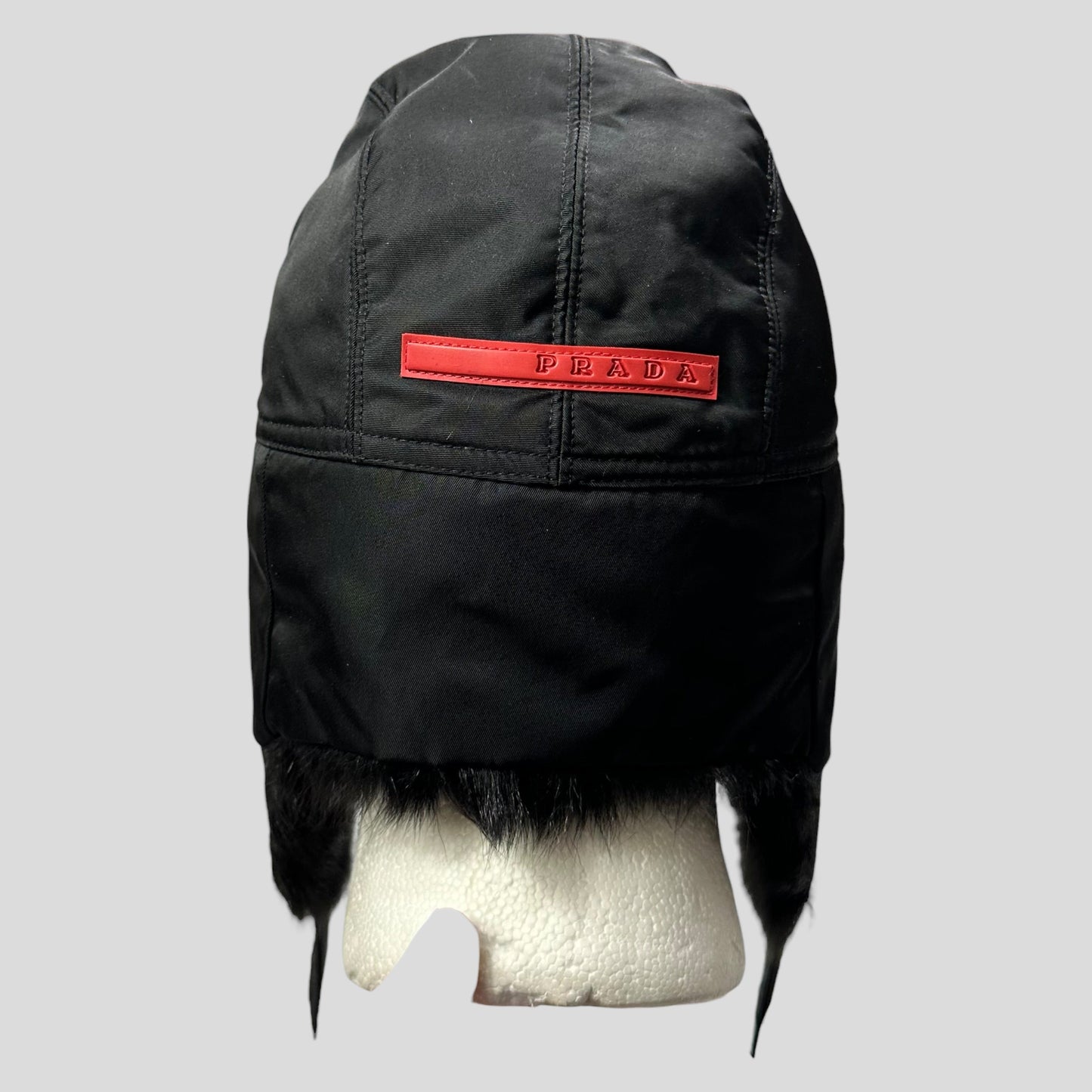 Prada Sport AW99 Goat Fur Nylon Canvas Trapper Hat - L (M) | O/S, Black