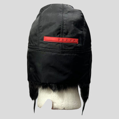 Prada Sport AW99 Goat Fur Nylon Canvas Trapper Hat - L (M) | O/S, Black
