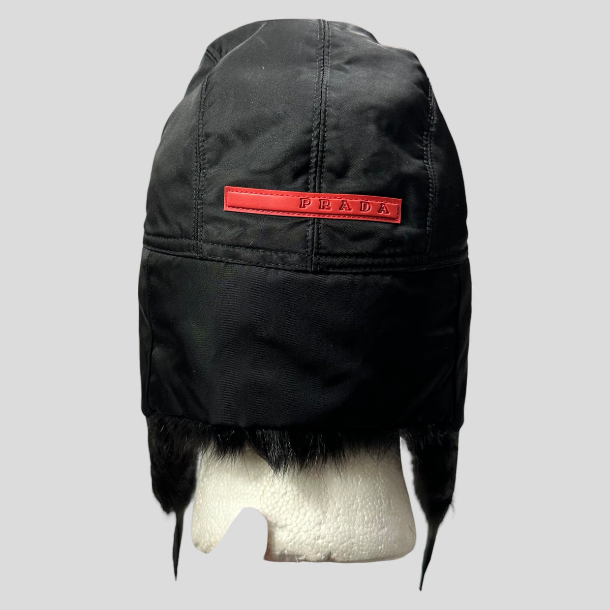 Prada Sport AW99 Goat Fur Nylon Canvas Trapper Hat - L (M) | O/S, Black