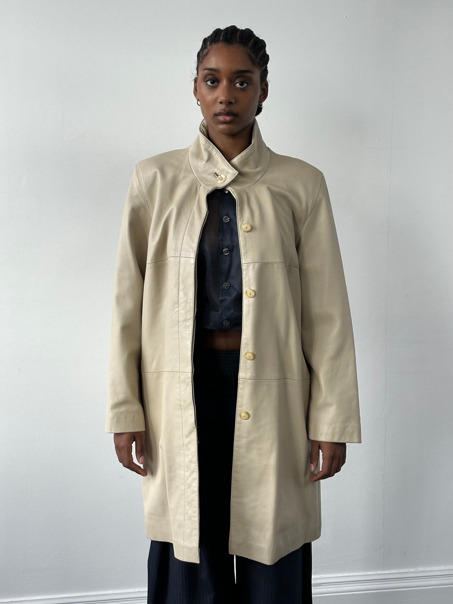 Vintage 1990s High Neck Leather Trench Coat - M/L