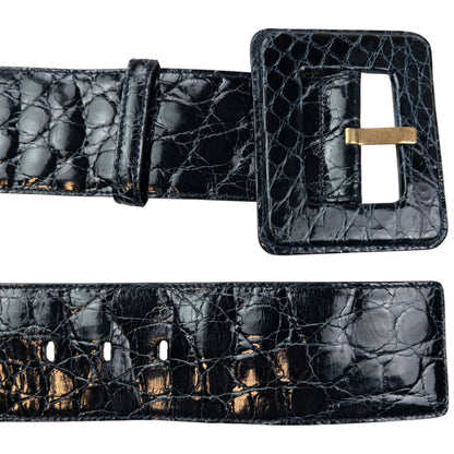 Vintage 90s YSL Yves Saint Laurent Crocodile Embossed Leather Belt Size M | O/S, Black