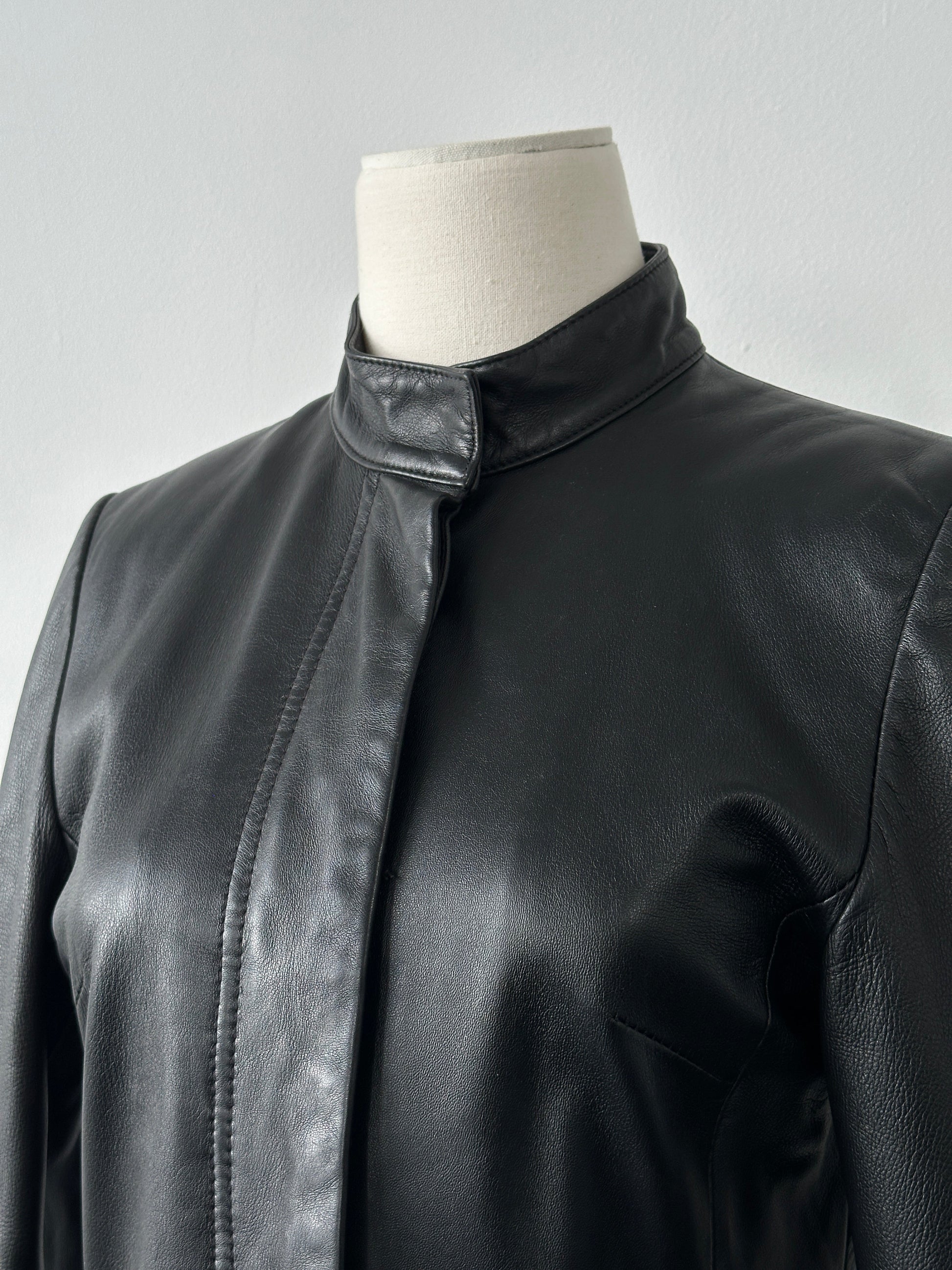 Vintage 1990s Leather High Neck Trench Coat - S