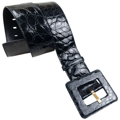 Vintage 90s YSL Yves Saint Laurent Crocodile Embossed Leather Belt Size M | O/S, Black
