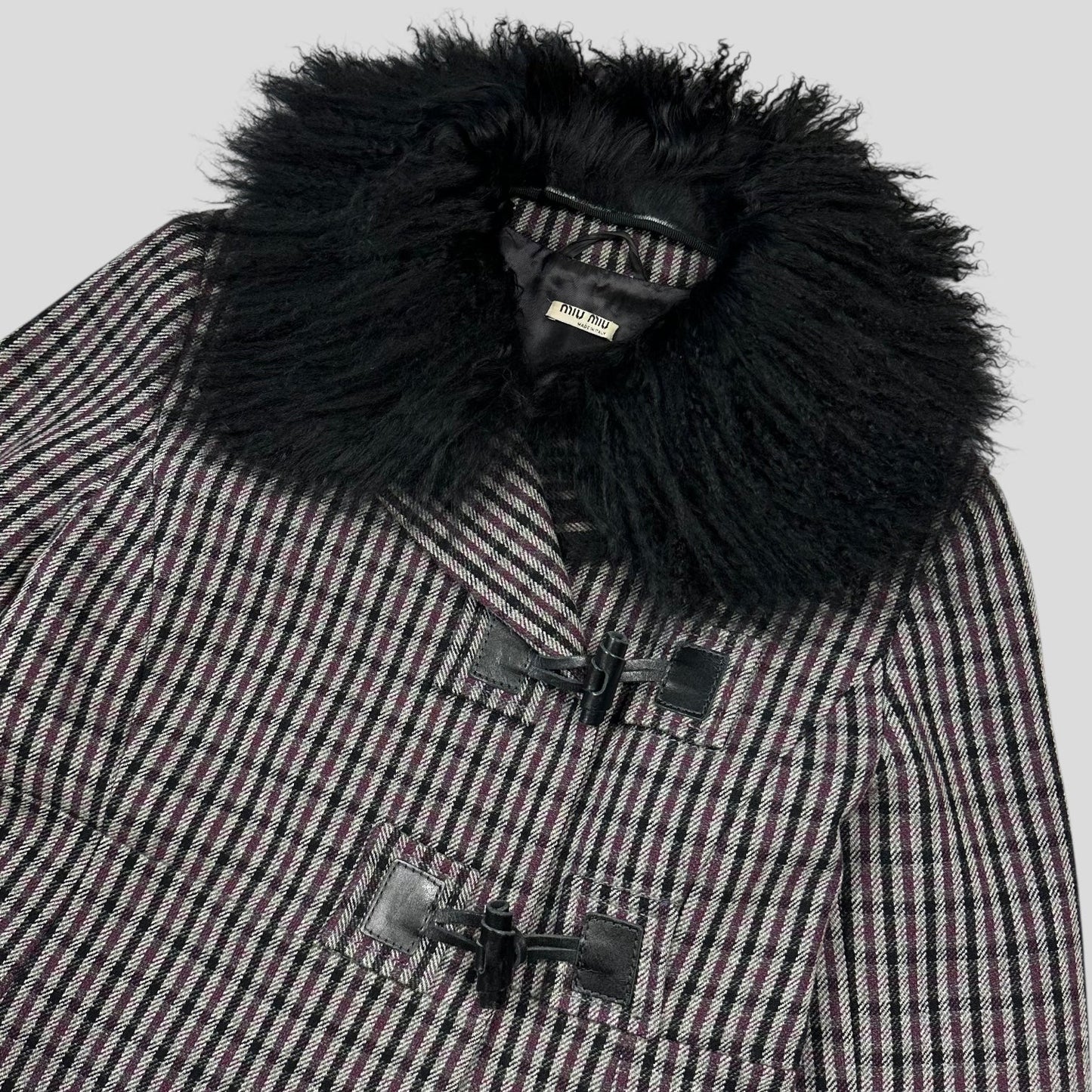 Miu Miu 00’s Virgin Wool + Removable Sheep Fur Plaid Duffle Coat - IT42