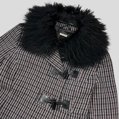 Miu Miu 00’s Virgin Wool + Removable Sheep Fur Plaid Duffle Coat - IT42 | Medium, Purple