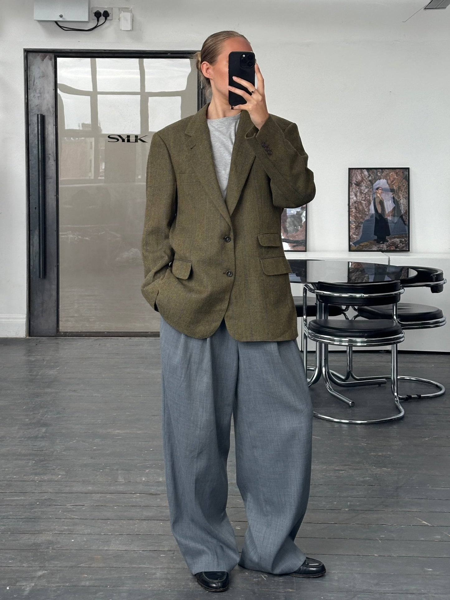 Burberry 1980s Tweed Check Alpaca Wool Single Breasted Check Blazer - 42R/L