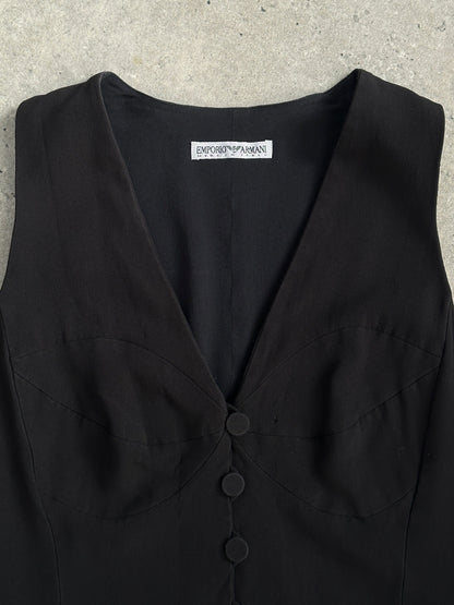 Emporio Armani 1990s fitted tailored single-button waistcoat in dark fabric, front view showing classic design and sleek silhouette.