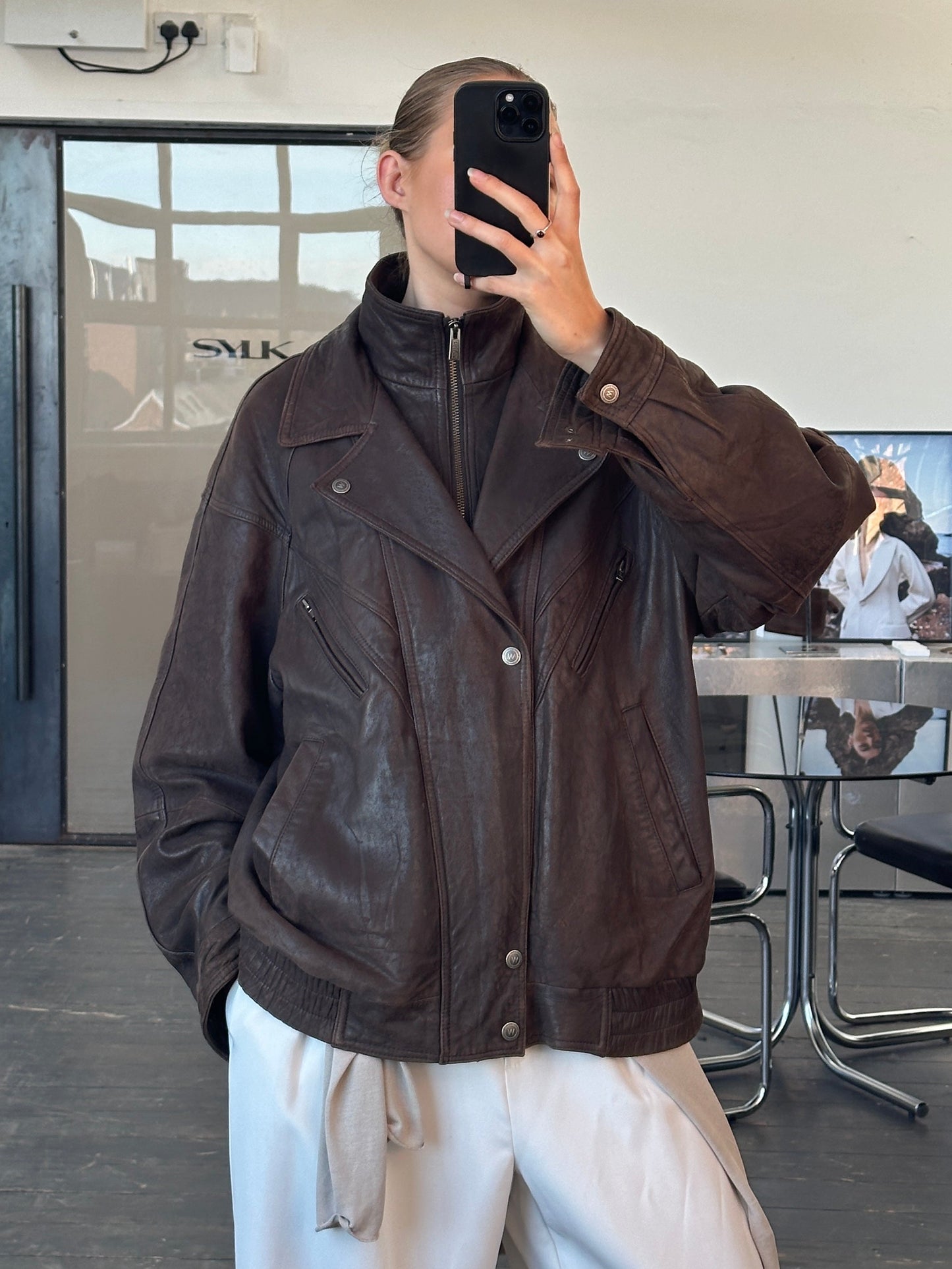 Vintage 1990s High Neck Bomber Leather Jacket - XL