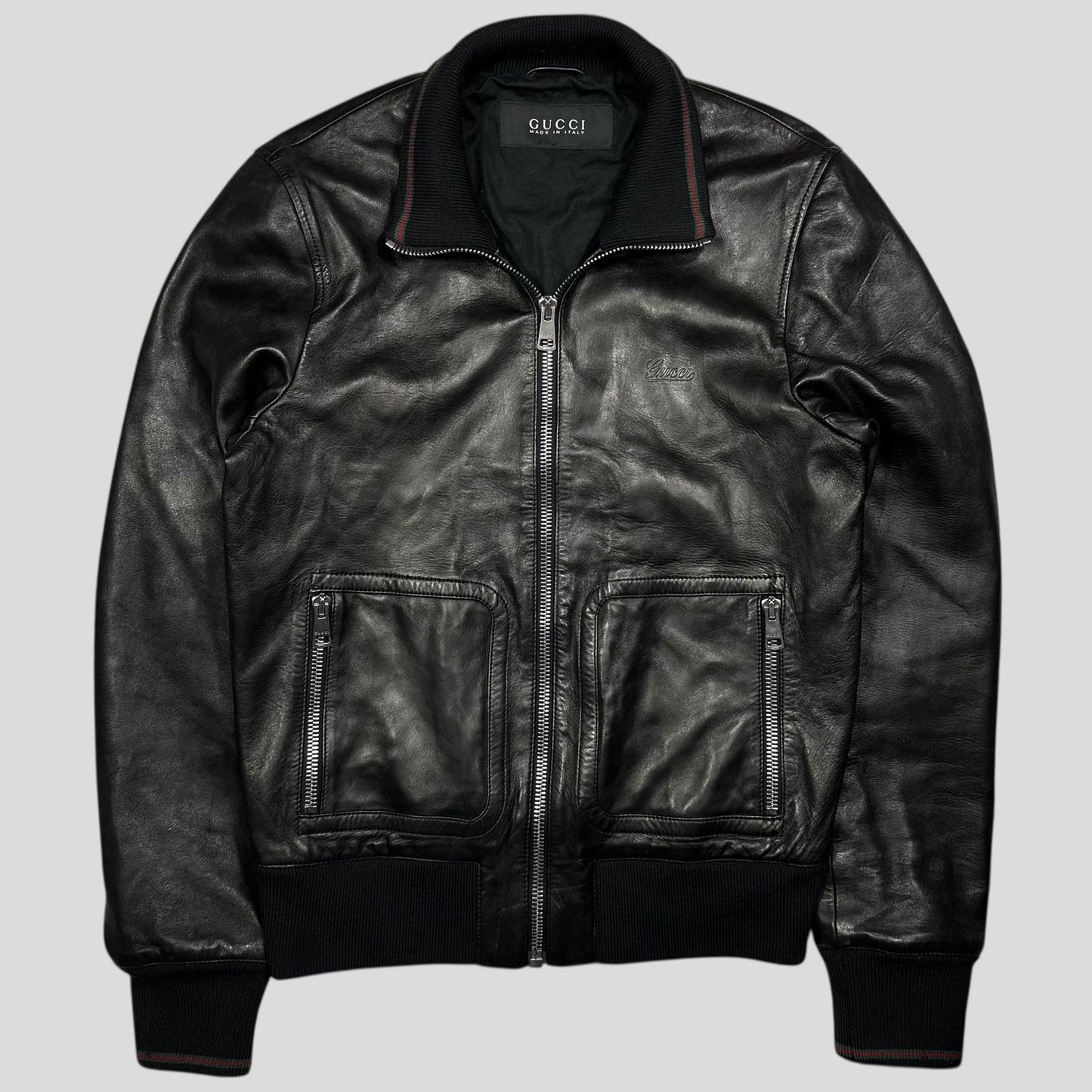 Gucci Nappa Leather Logo Web Bomber Jacket - IT46 (S)