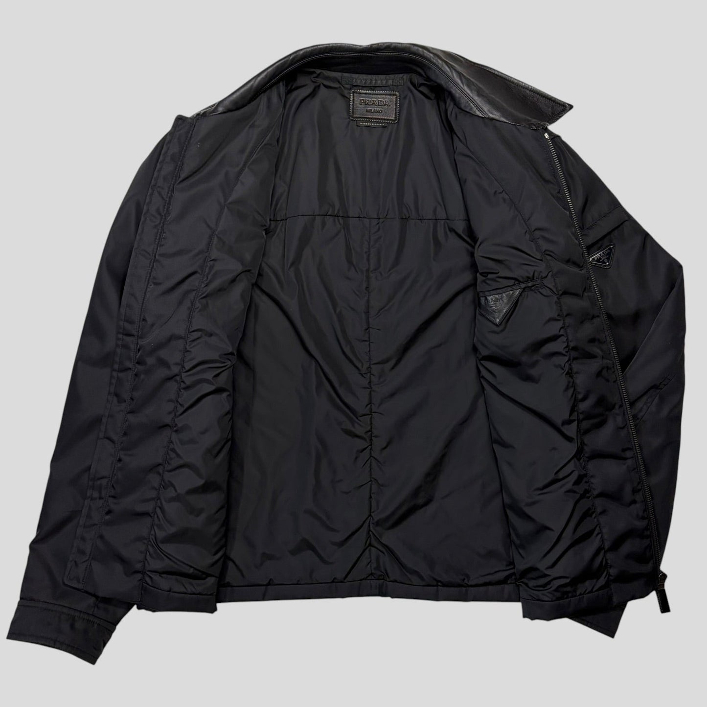 Prada 2013 Triangle Logo Gabardine Nylon & Leather Blouson Jacket - L/XL | O/S, Black