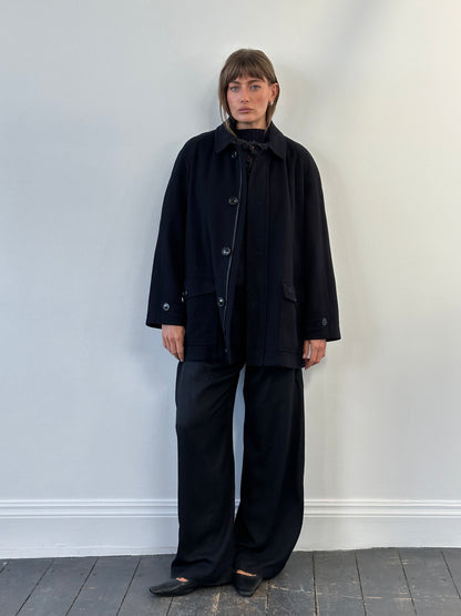 Burberry London 1990s Wool Single Breasted Logo Coat - L/XL
