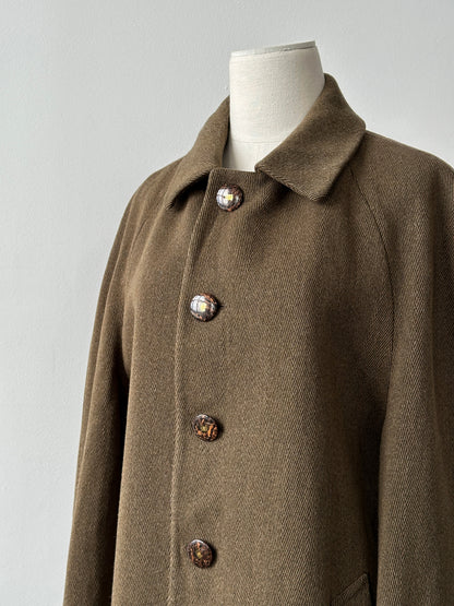 Vintage Italian 1990s wool herringbone single-breasted coat, size large, featuring classic tailored design and textured fabric.