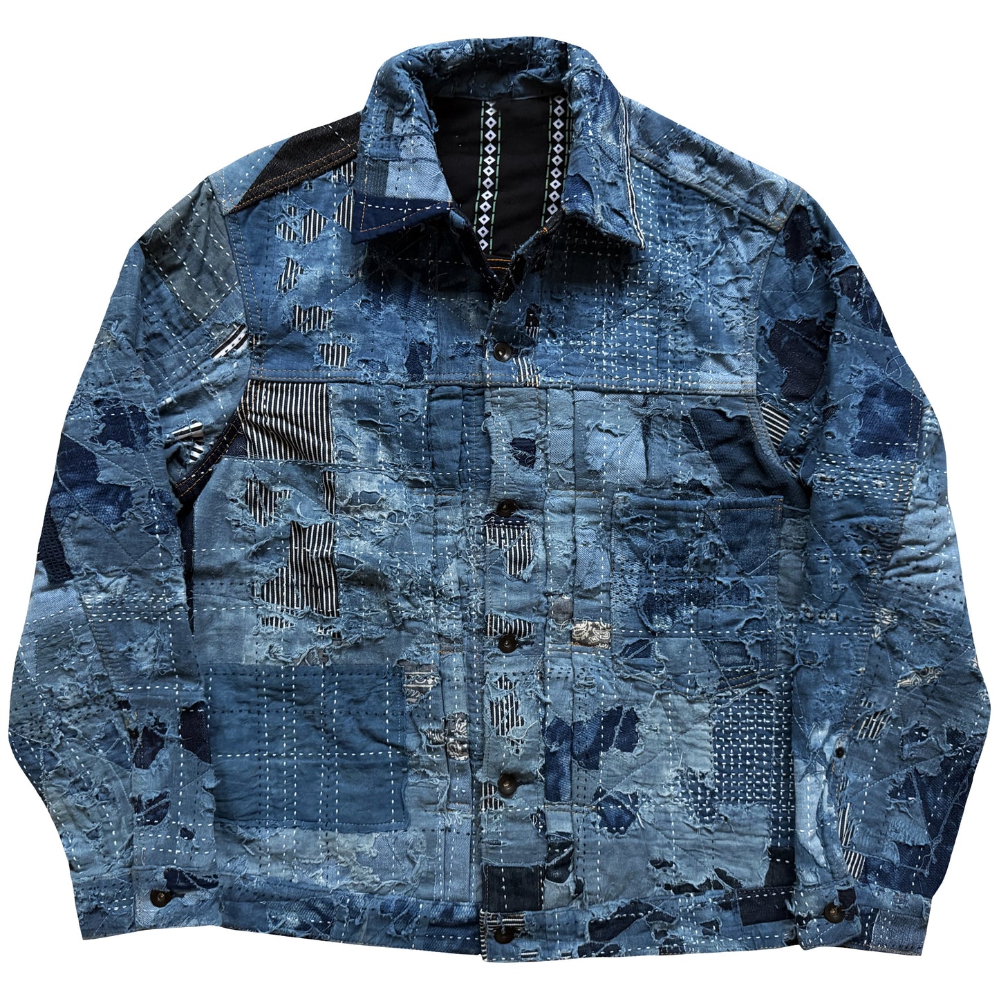Indigo Boro Sashiko Distressed Denim Trucker Jacket - XL
