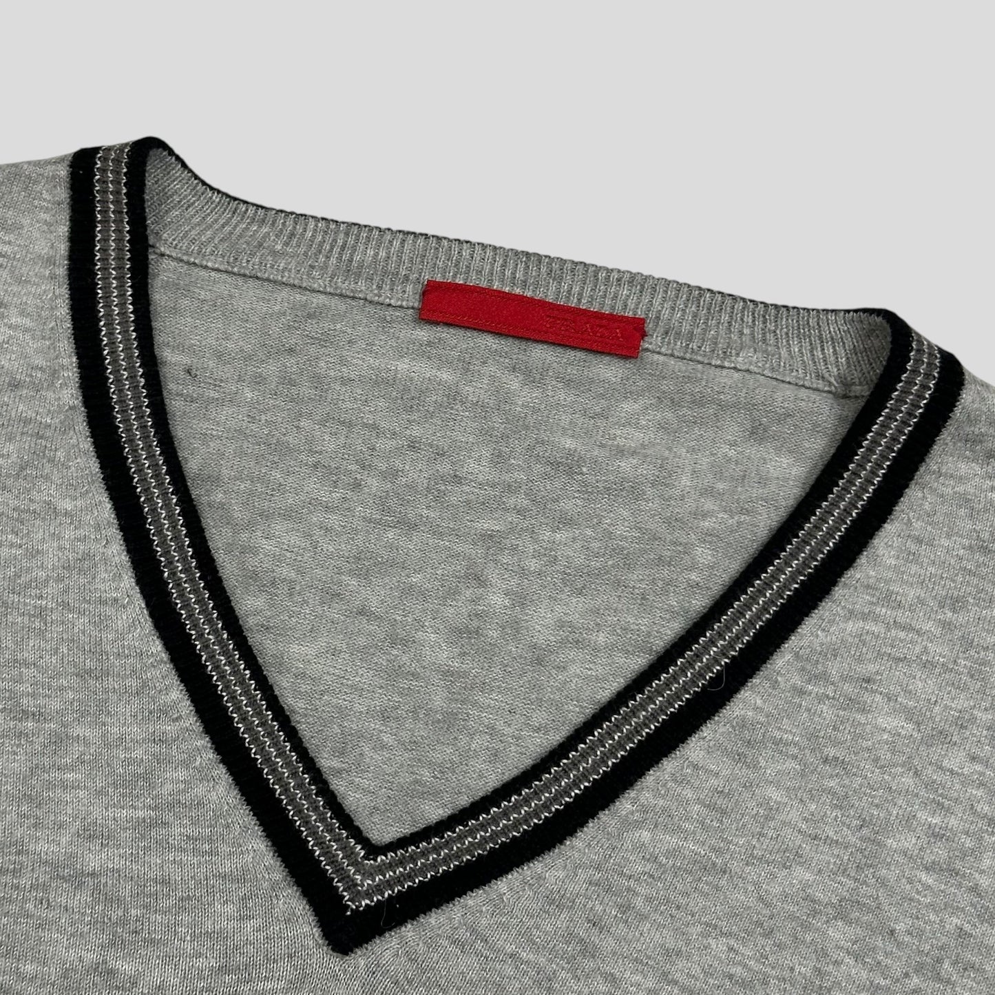 Prada Sport 2008 Red Logo Tab Rib Detail V-neck Knit Jumper - M | Default Title, Grey