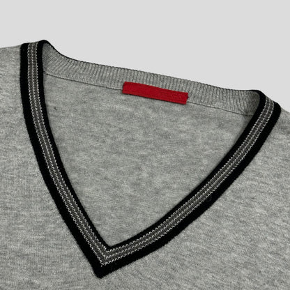 Prada Sport 2008 Red Logo Tab Rib Detail V-neck Knit Jumper - M | Default Title, Grey