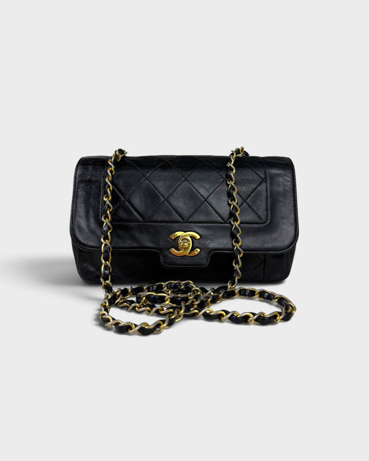 1980s Vintage Chanel Black Lambskin Diana Square Single Flap Bag 24K GHW | O/S, Multicoloured