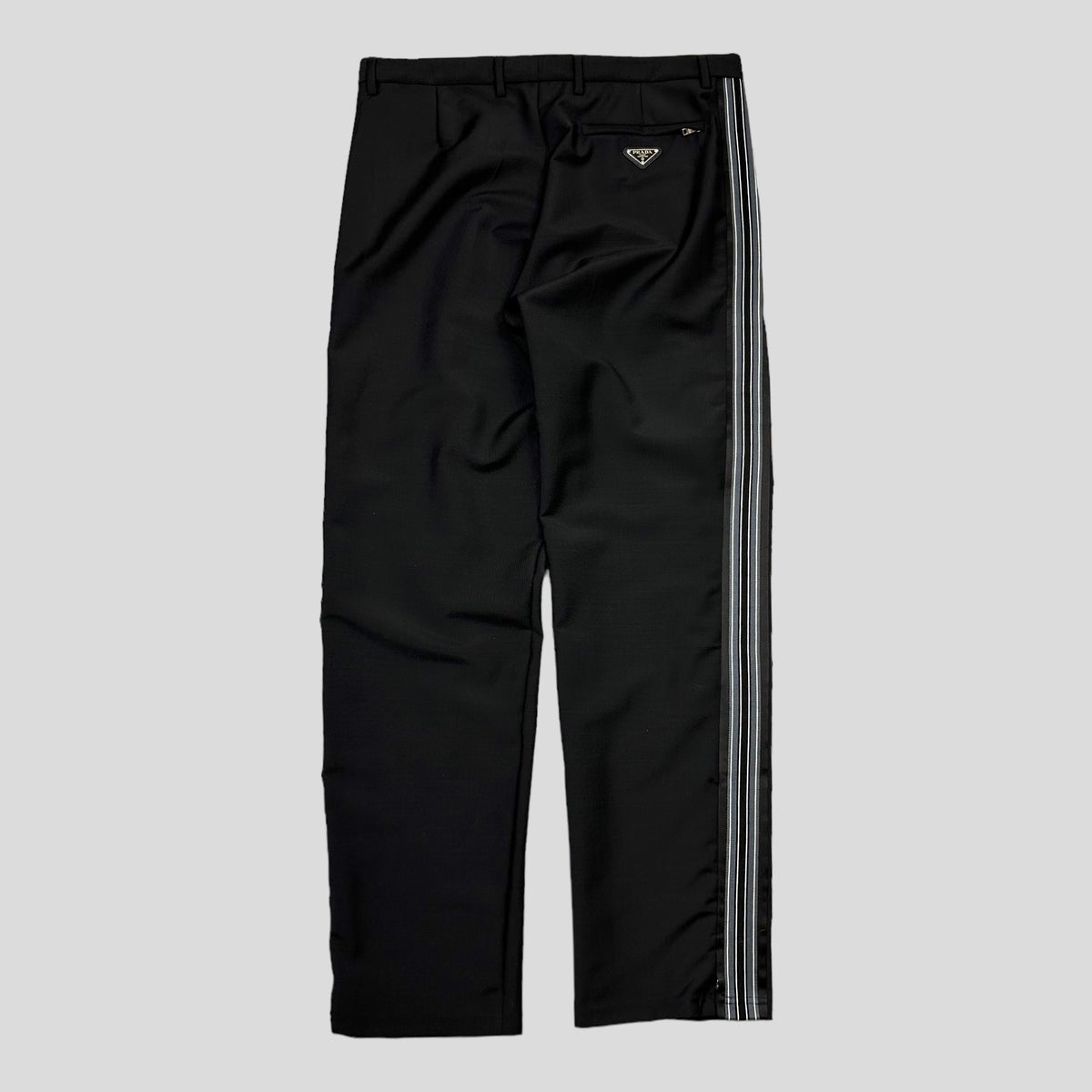 Prada Milano 2022 Mohair & Wool Striped Plaque Logo Trousers - IT50 (L) | W33, Black