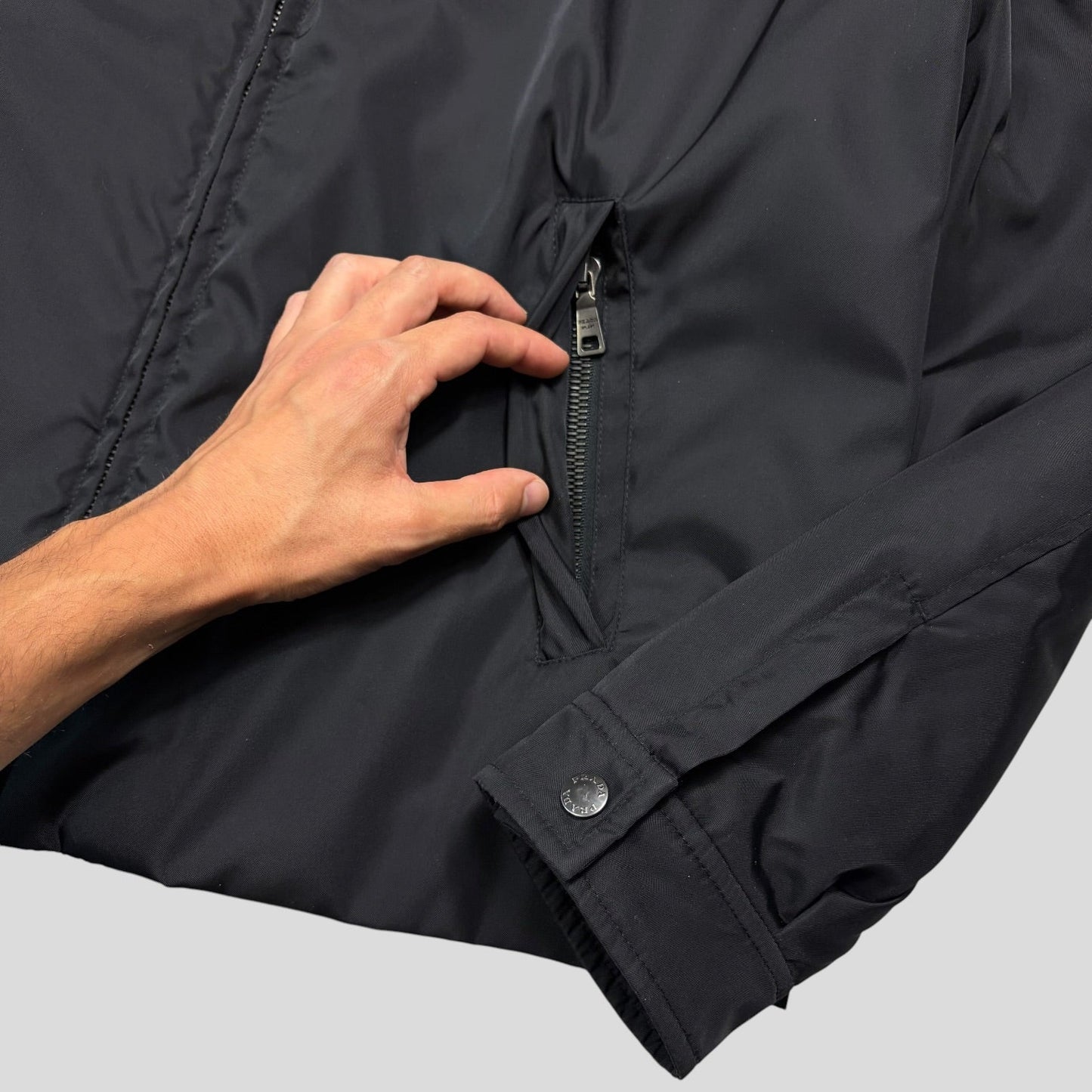 Prada 2013 Triangle Logo Gabardine Nylon & Leather Blouson Jacket - L/XL | O/S, Black
