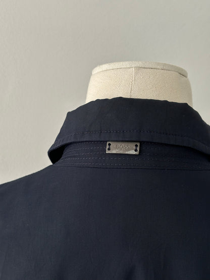 Hugo Boss 2000s cotton water-repellent trench coat in size L, beige color, featuring classic design with button details and belt.