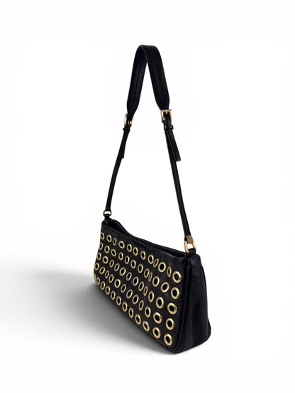 2000s Prada Black Leather Grommet Shoulder Bag | O/S, Black