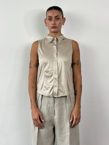 Fendi Sleeveless Satin Logo Shirt - M/L