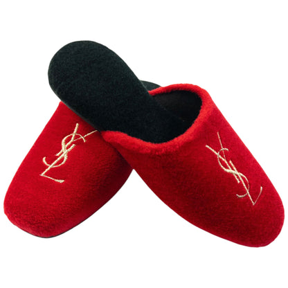 Vintage 80s YSL Yves Saint Laurent Embroidered Fleece Slippers Womens Size 6 | ONE SIZE, Gold