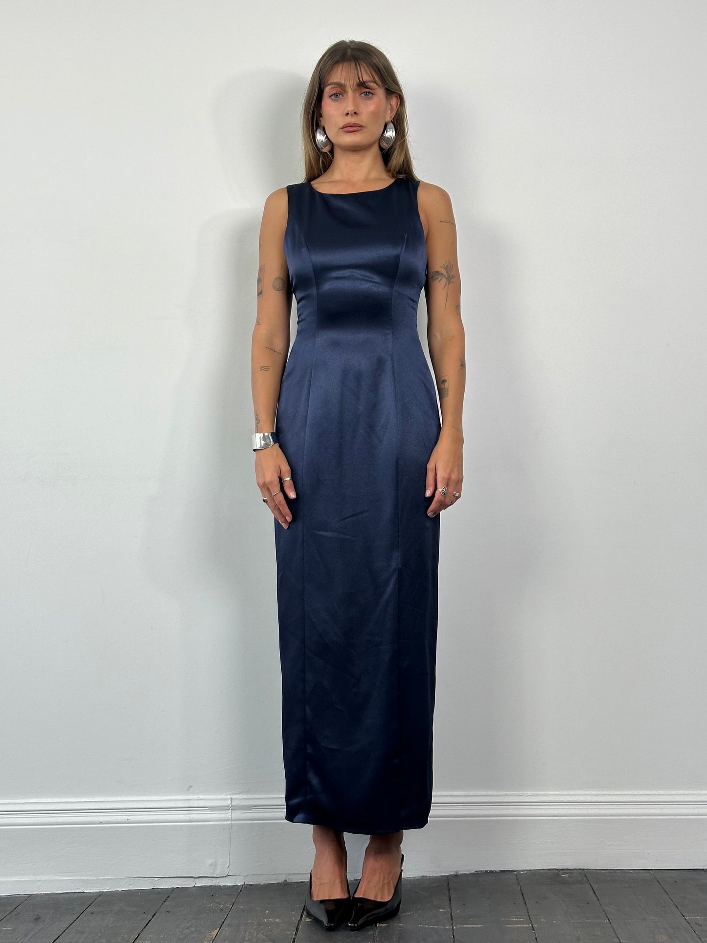 Vintage Cross Back Satin Maxi Dress - S