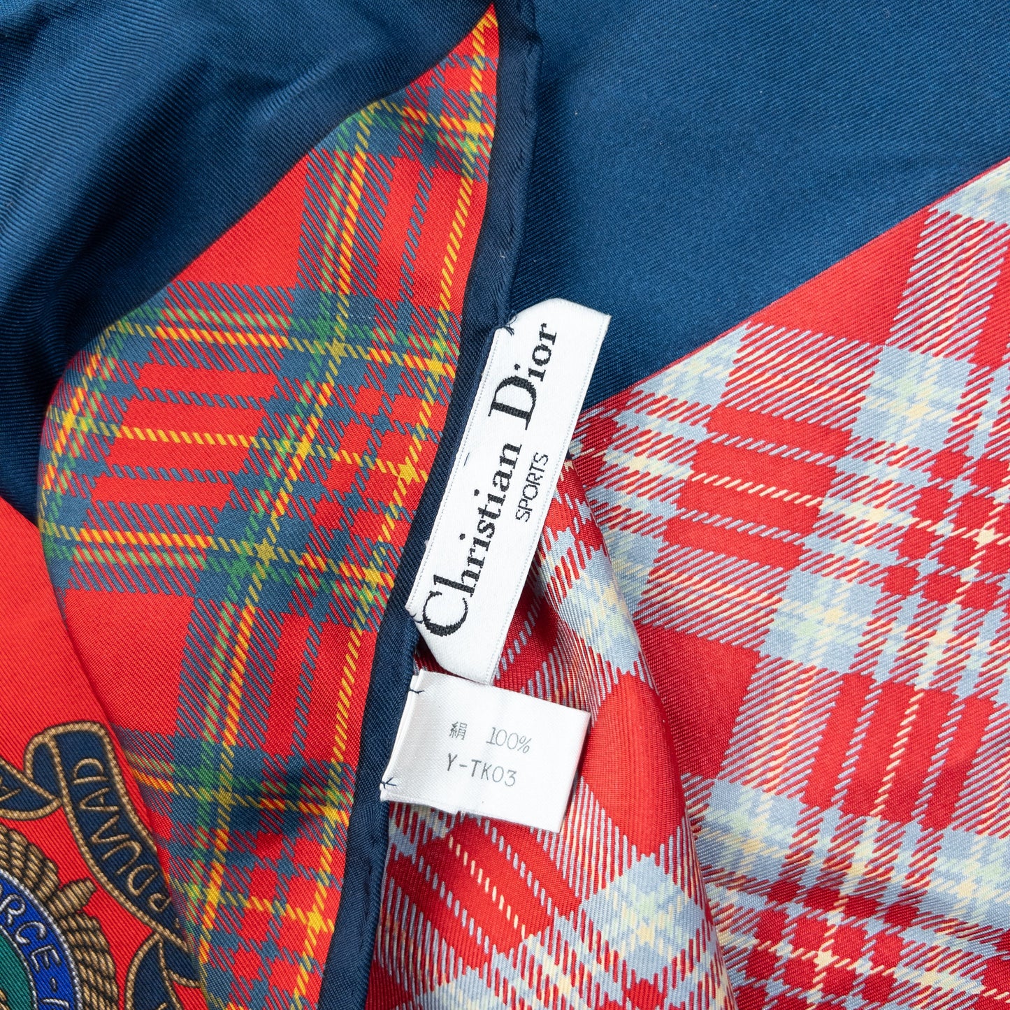 Vintage 90s Dior Tartan Badge Print Silk Scarf | O/S, Red