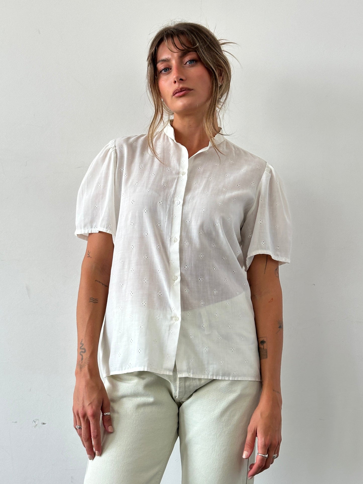 Vintage Pointelle Sheer Short Sleeve Shirt - M/L