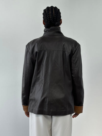 Vintage 1990s High Neck Contrast Leather Jacket - XL