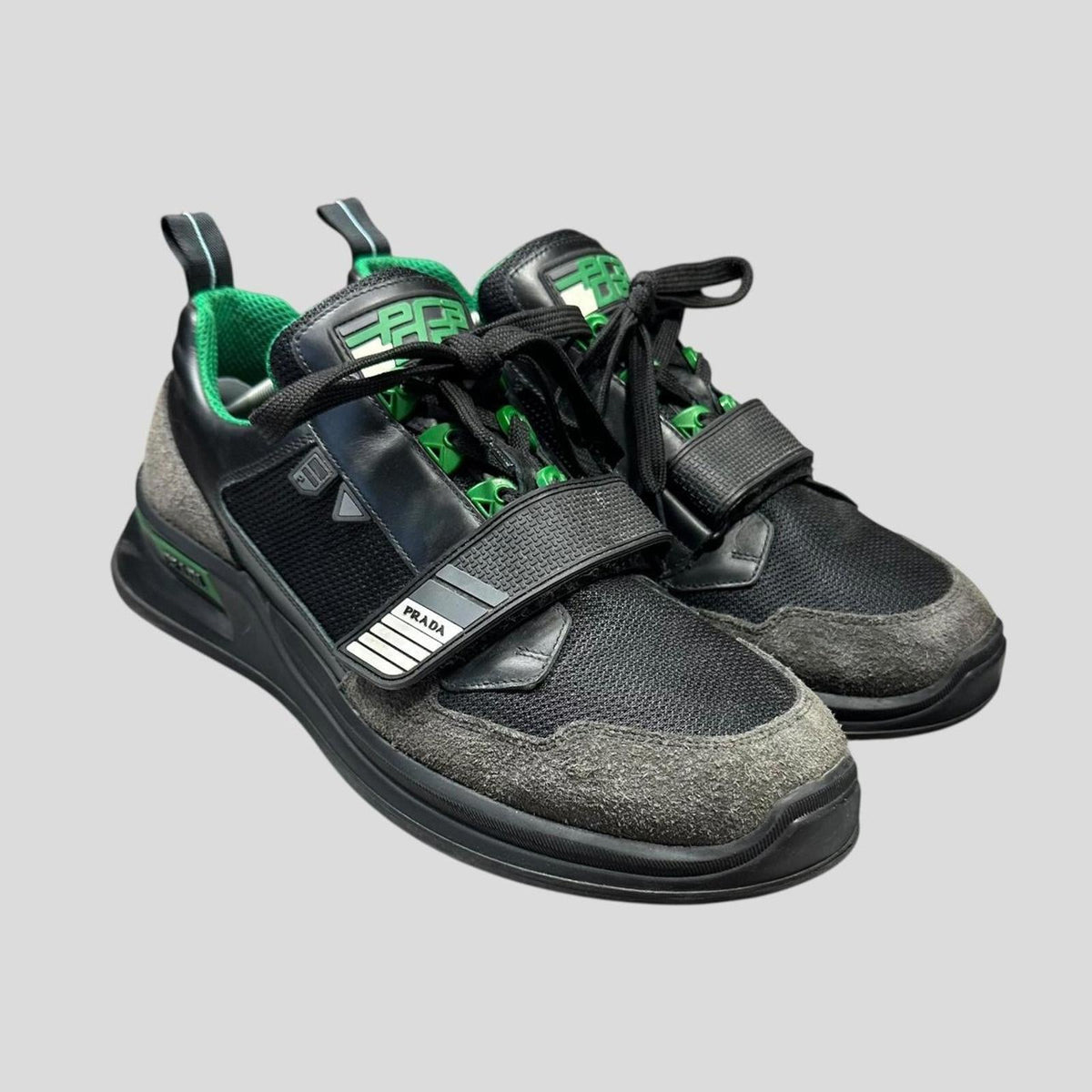 Prada 2018 Mechano Mercurio Verde Rubber + Leather Logo Trainers - UK11/11.5 | 11, Grey