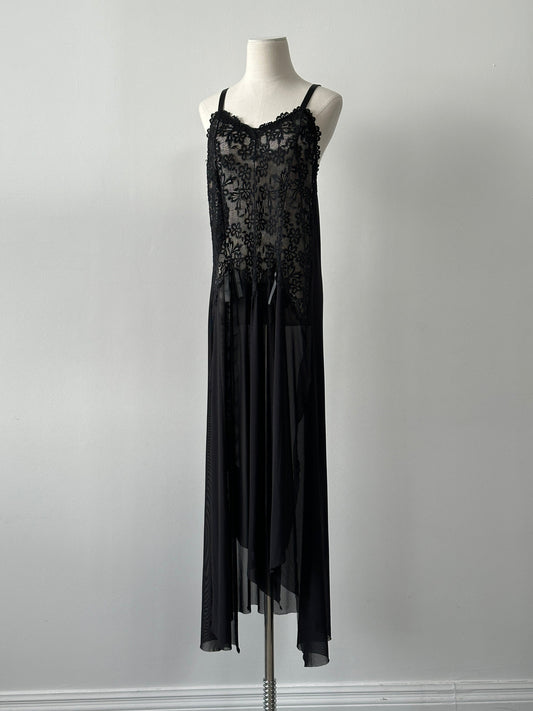 Vintage 2000s Lace Split Front Sheer Floor Length Dress - M-XL