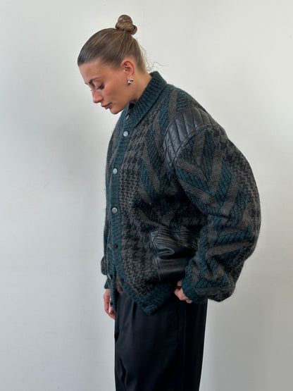Vintage 1990s Wool Print Knit Bomber Jacket - XL