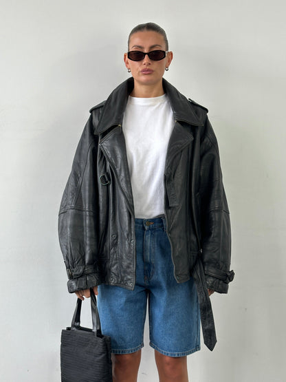 Vintage Belted Buckle Leather Jacket - XL