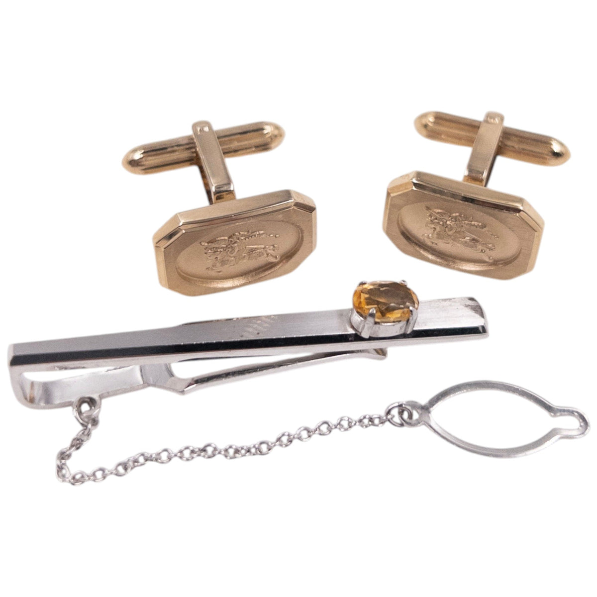 Vintage 90s Burberry Embossed Cufflinks & Gem Tie Clip Set | O/S, Gold