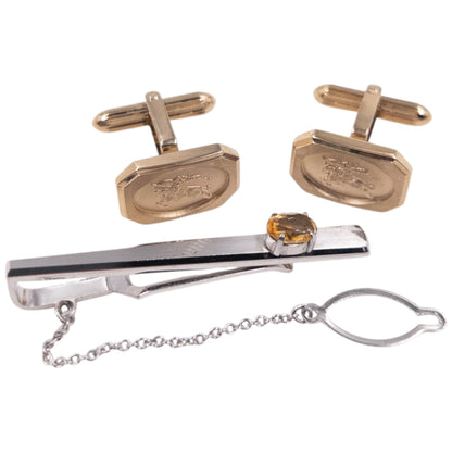 Vintage 90s Burberry Embossed Cufflinks & Gem Tie Clip Set | O/S, Gold