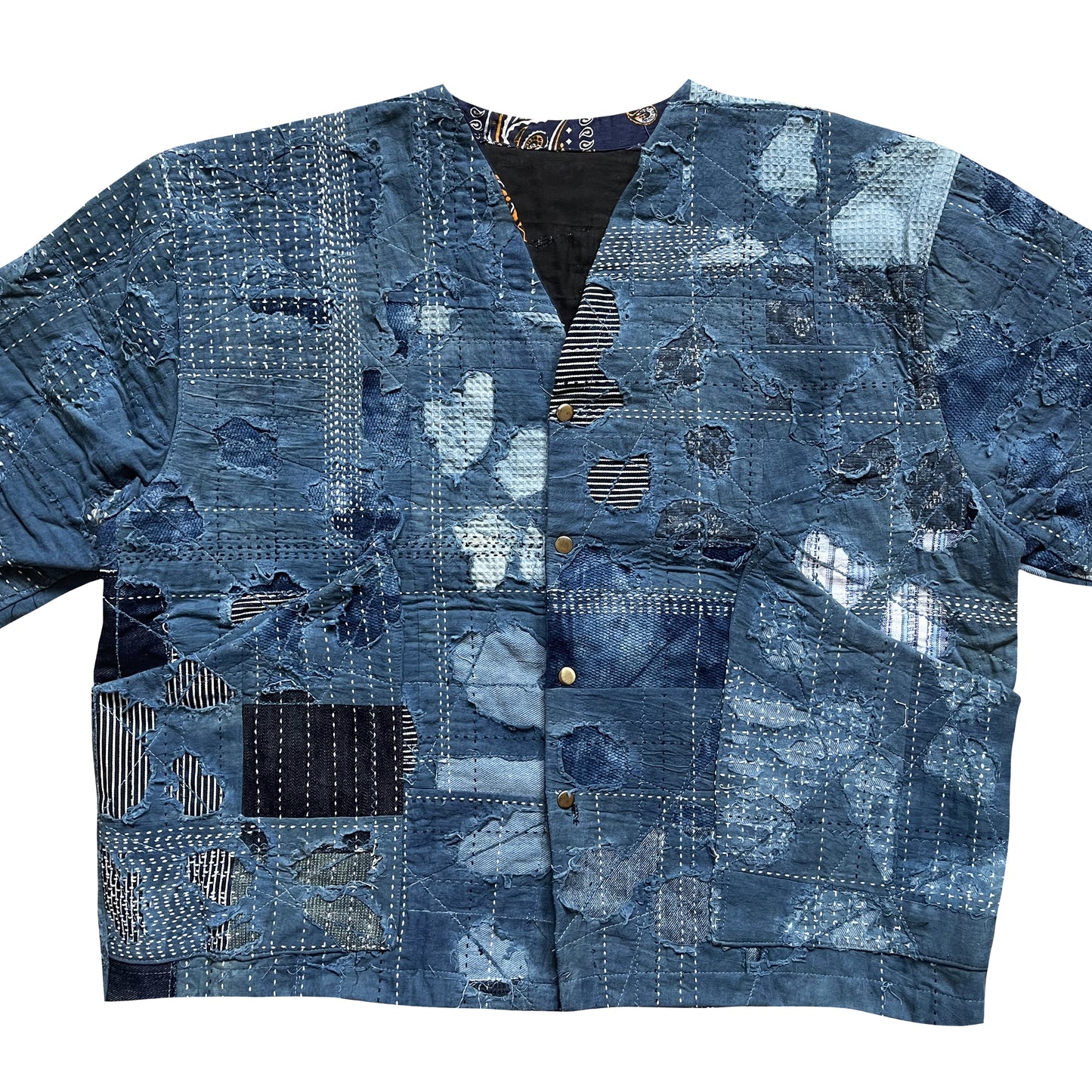 Indigo Collarless Boro Denim Jacket - M