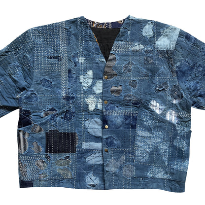 Indigo Collarless Boro Denim Jacket - M