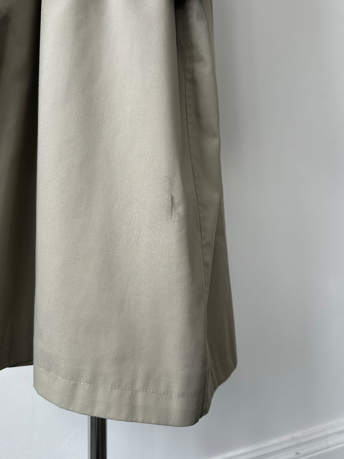 Vintage Italian 1990s high neck belted trench coat in XL, featuring classic style and timeless design with a fitted silhouette.