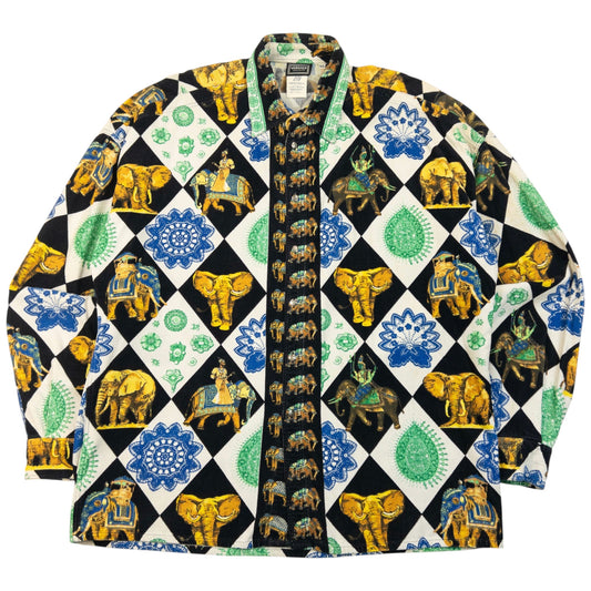 Vintage 90s Versace Jeans Couture Pattern Corduroy Button Up Shirt Size XL | XL, Black, Blue, Green, Yellow