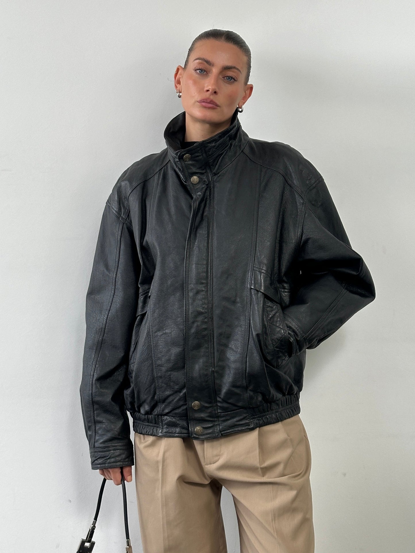 Vintage High Neck Leather Bomber Jacket - XL