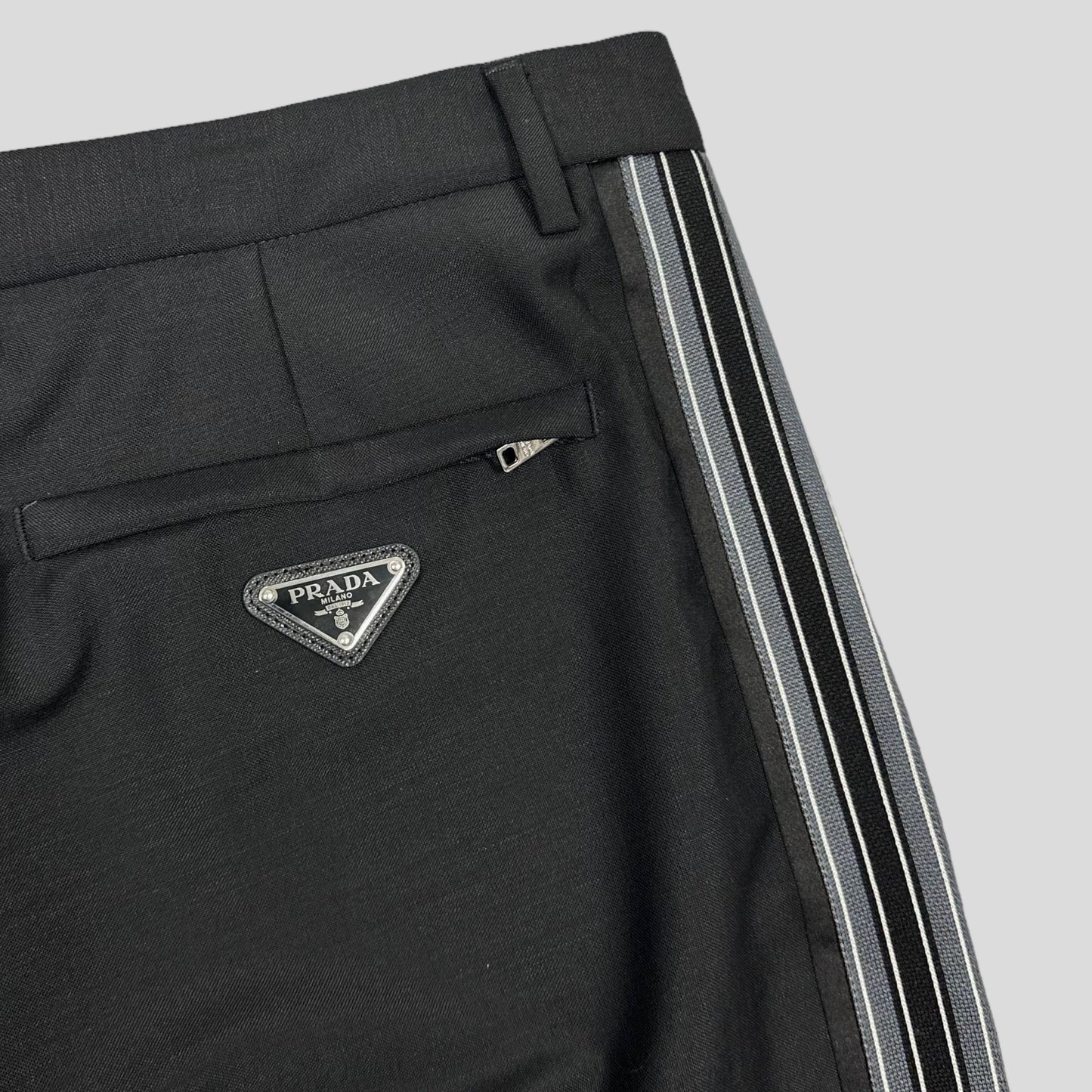 Prada Milano 2022 Mohair & Wool Striped Plaque Logo Trousers - IT50 (L)