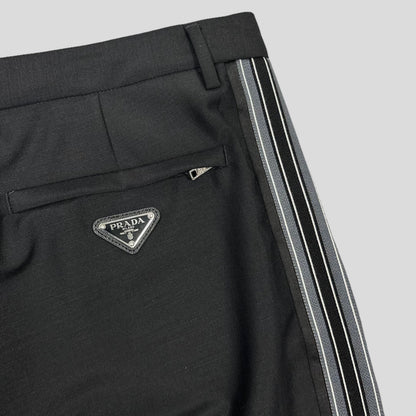 Prada Milano 2022 Mohair & Wool Striped Plaque Logo Trousers - IT50 (L) | W33, Black