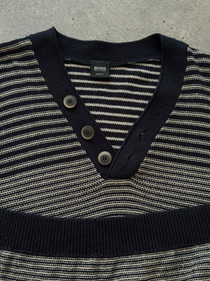 Hugo Boss 2000s pure cotton striped Henley jumper in XL, featuring a classic design with horizontal stripes and a buttoned neckline.