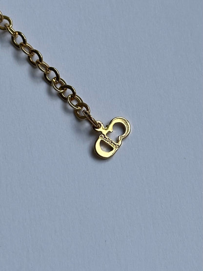 Christian Dior 16” Gold Plated Rhinestone Drop Logo Pendant Necklace