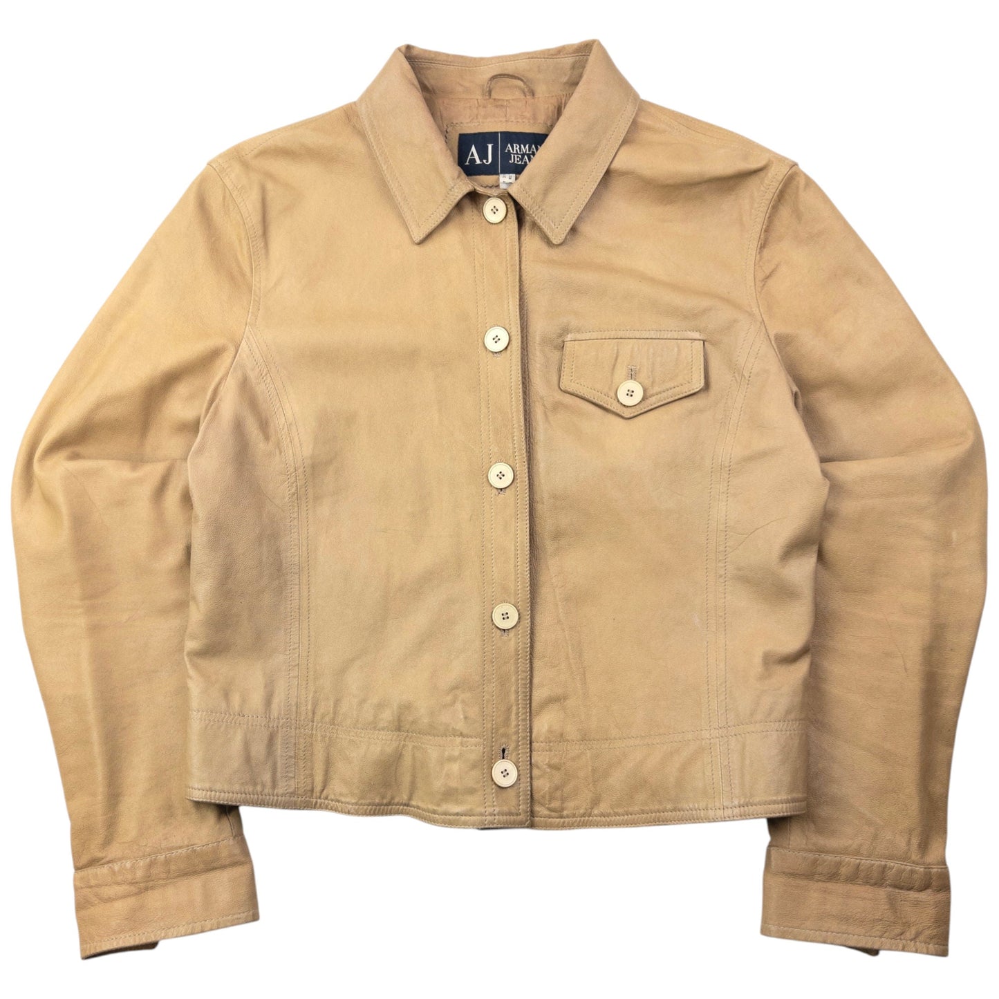Vintage 2000s Armani Jeans Button Up Leather Jacket Womens Size M | Medium, Beige