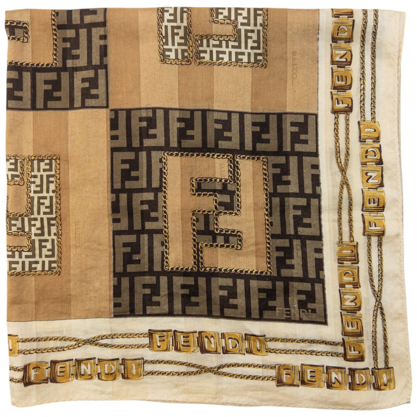 Vintage 2000s Fendi Monogram Chain Print Silk Scarf | O/S, Brown, Beige