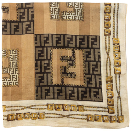 Vintage 2000s Fendi Monogram Chain Print Silk Scarf | O/S, Brown, Beige