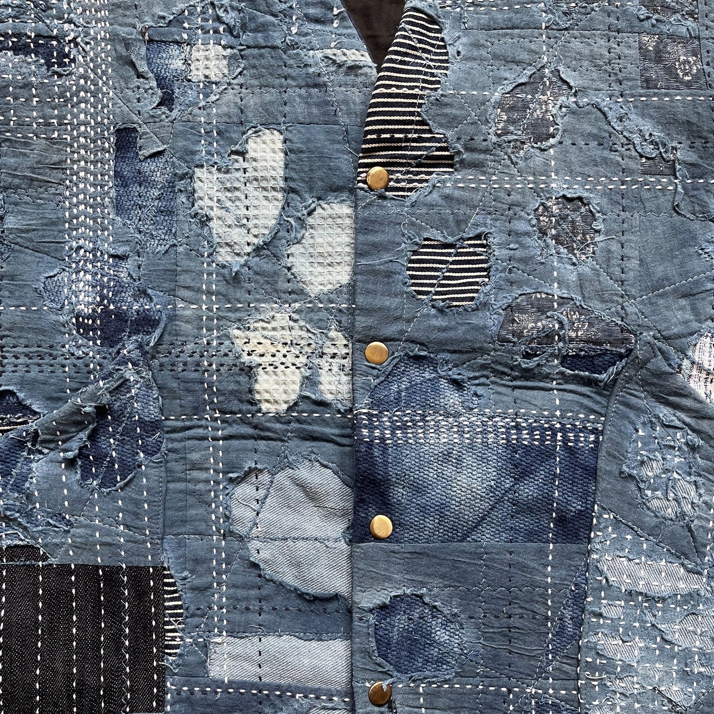 Indigo Collarless Boro Denim Jacket - M